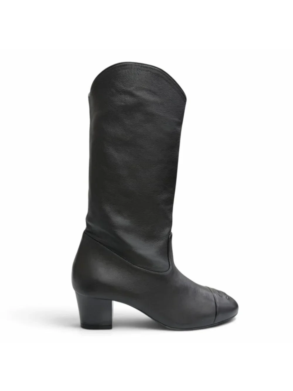 Chanel CC Logo Stitch Middle Leather Boots Jockey Black